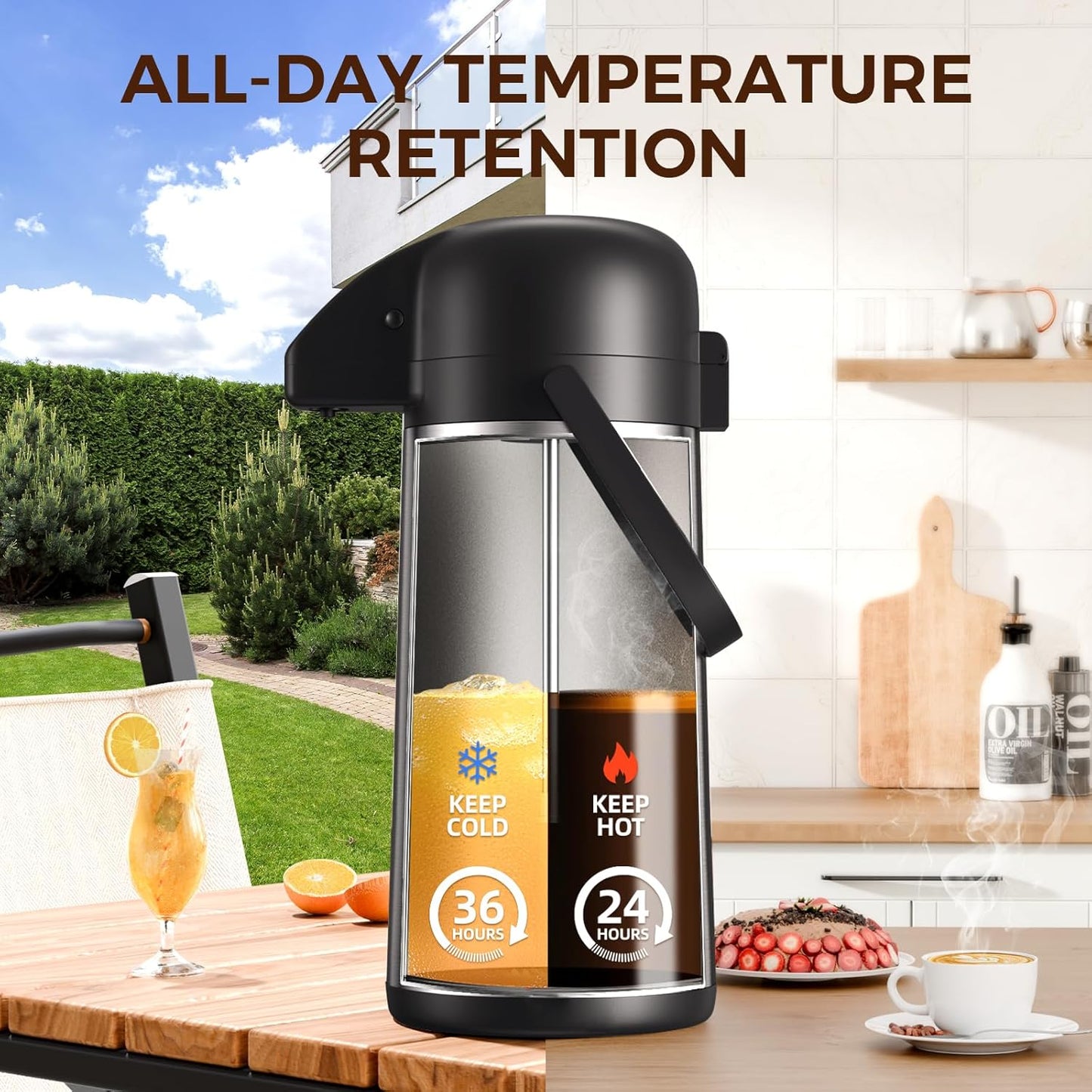 Coffee Carafe for Keeping Hot - 102OZ / 3L Airpot Coffee Dispenser with Pump - Large Coffee Thermos for Hot Drinks Tea Liquid - Insulated Stainless Steel Hot Water Beverage Dispenser Urn for Parties