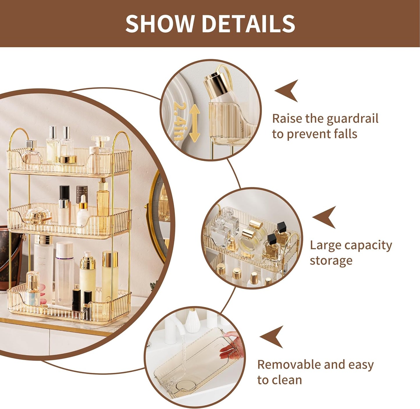 YCIA&DONE Bathroom Organizer Countertop, Makeup Storage, Skincare Cosmetic Tray Shelf, Perfume Holder Rack for Vanity Counter, Large Capacity, Easy to Install, Clean, 3 Tiers, Amber Gold