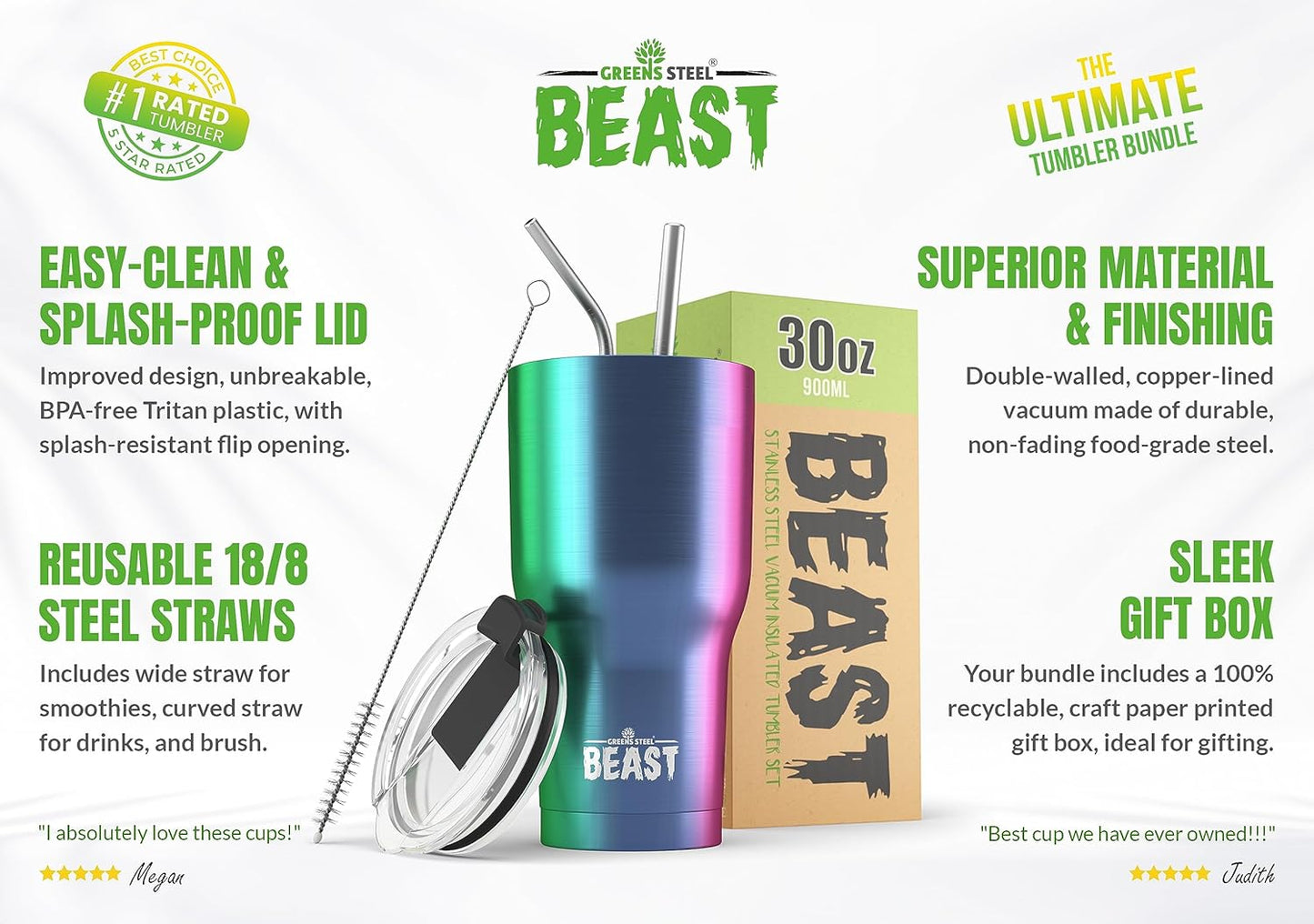 Beast 30 oz Tumbler Stainless Steel Vacuum Insulated Coffee Ice Cup Double Wall Travel Flask (Rainbow)