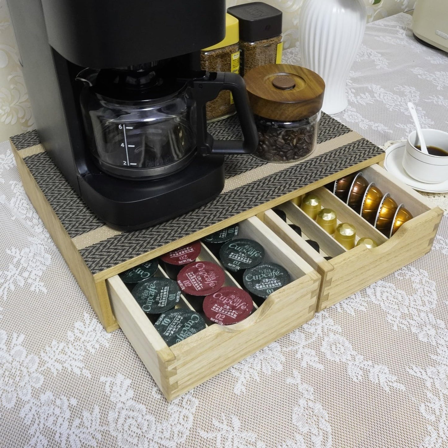 Storage Drawer Holder for Capsules Coffee Pod K-cup Organizer /2 Drawers for Counter Organization for Kitchen Utensil Storage Home Decor Office Supplies- Coffee Brewer Accessories Wood 1D2C-LT