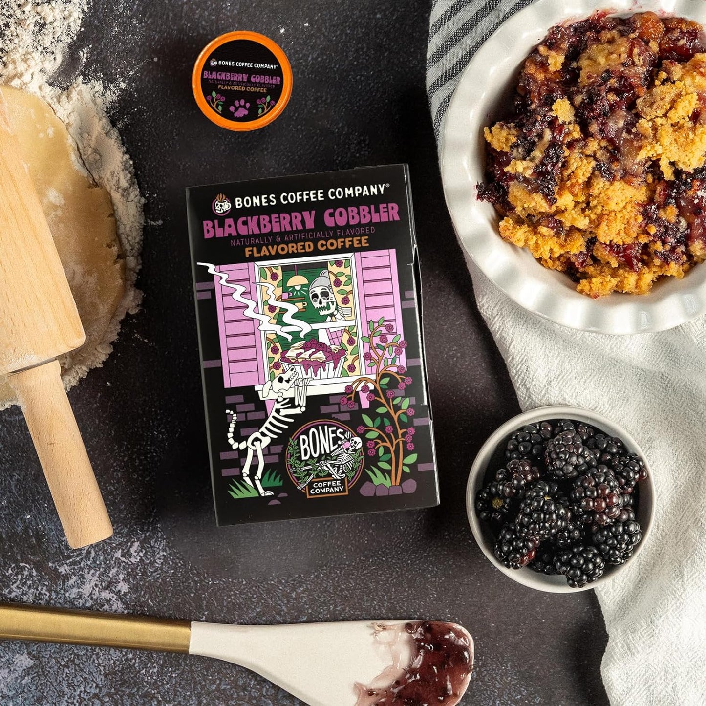 Bones Coffee Company Blackberry Fruit Cobbler Flavored Coffee Pods, Low Acid Medium Roast Single-Serve Bones Cups, Compatible with 1.0 & 2.0 K-Cups Brewers Coffee Maker, 12 Count