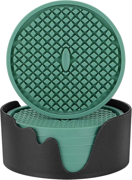 ME.FAN Silicone Coasters [6 Pack] Thickened Drink Coasters with Holder - Cup Mat - Non-Slip, Non-stick, Stay Put, Deep Tray - Prevents Furniture and Tabletop Damages(Teal Blue)