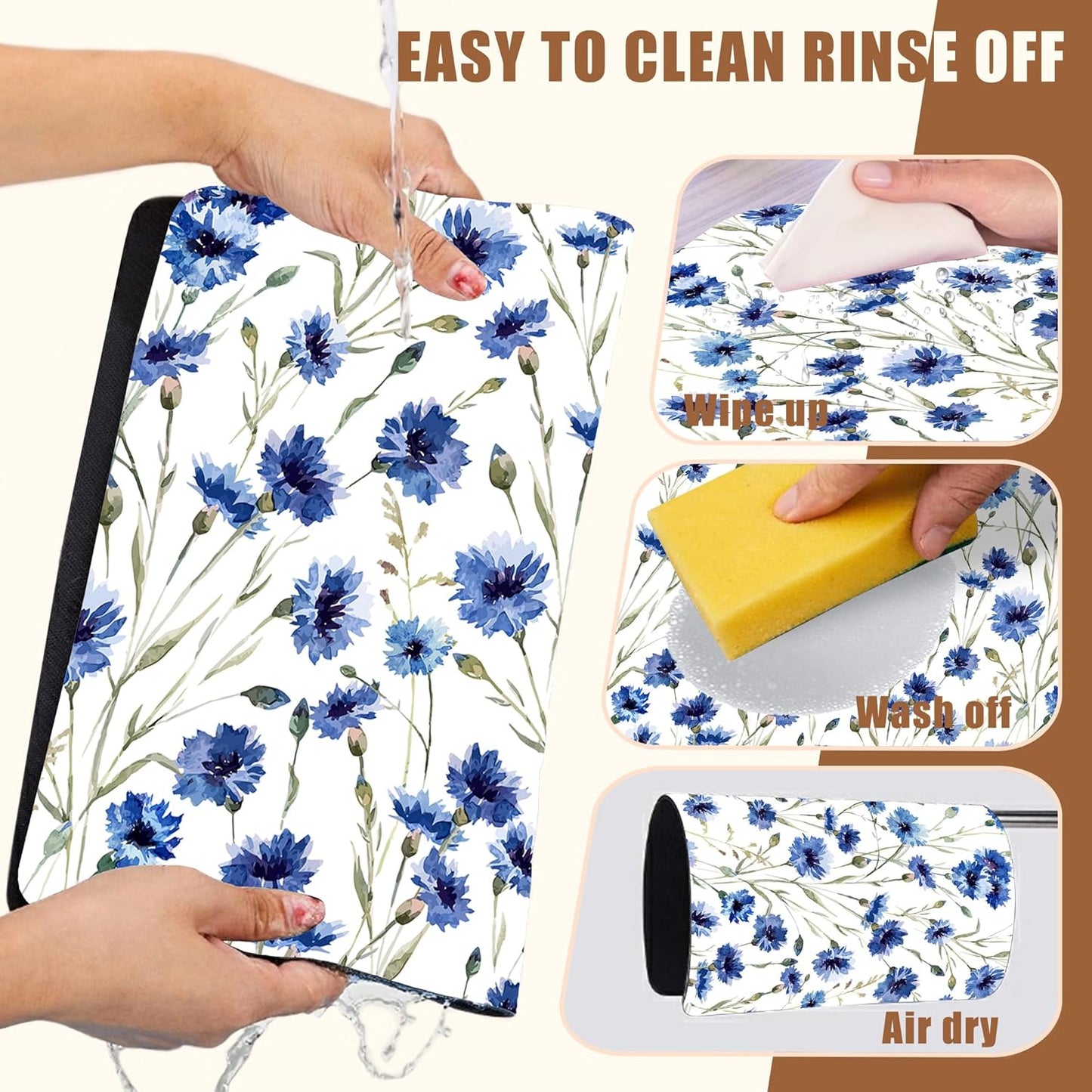 Watercolor Blue Cornflower Dish Drying Mat for Kitchen Counter Floral Coffee Bar Mat Hide Stain Absorbent Rubber Backed Drying Rack Pad Coffee Pot Espresso Machine Table Accessories 11.8 x 19.7 Inch