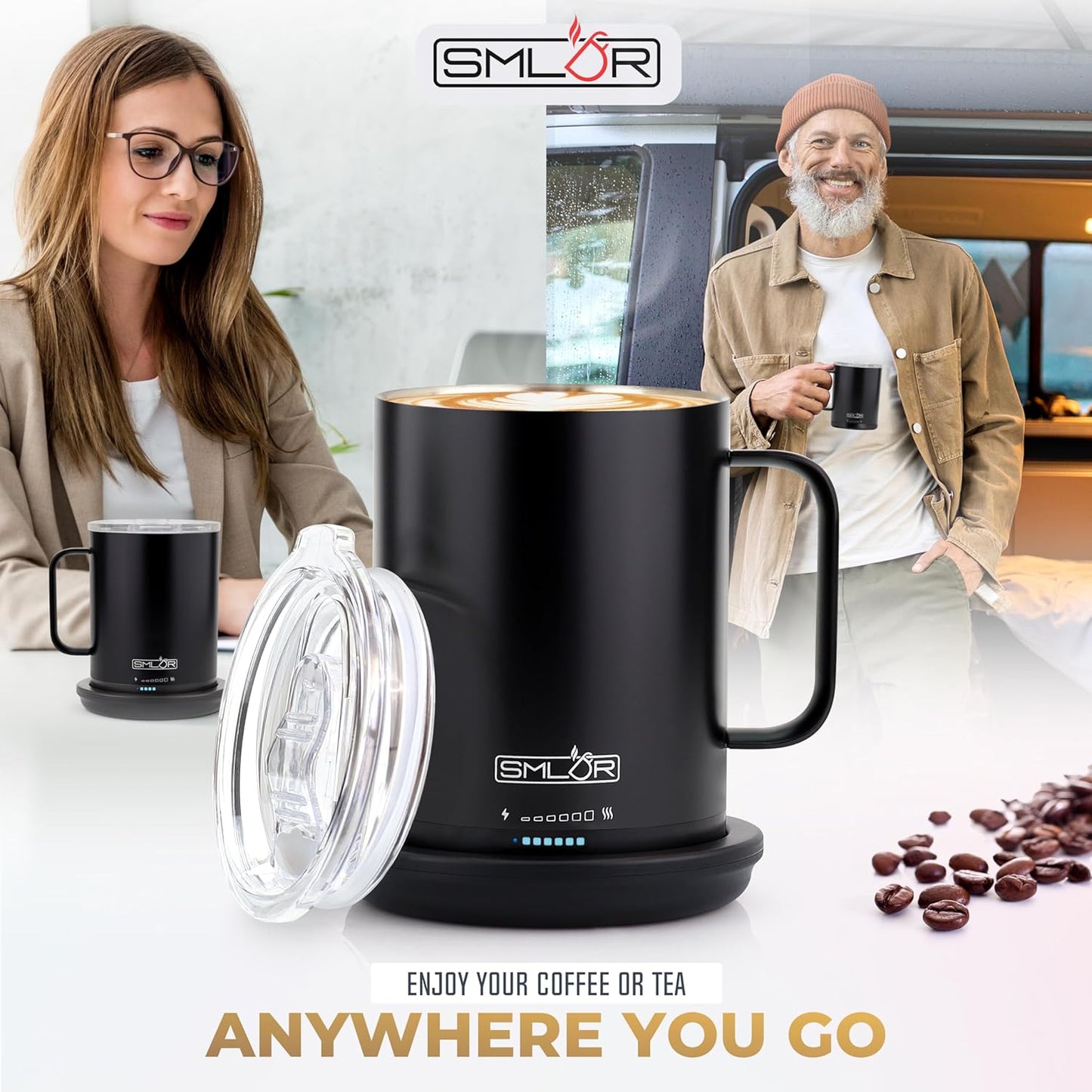 SMLDR Pro Heated Mug, 14 oz Smart Coffee Mug, Self-Heating, Adjustable Temperature, Battery Powered, Great for Coffee & Tea, Excellent Gift (Black)