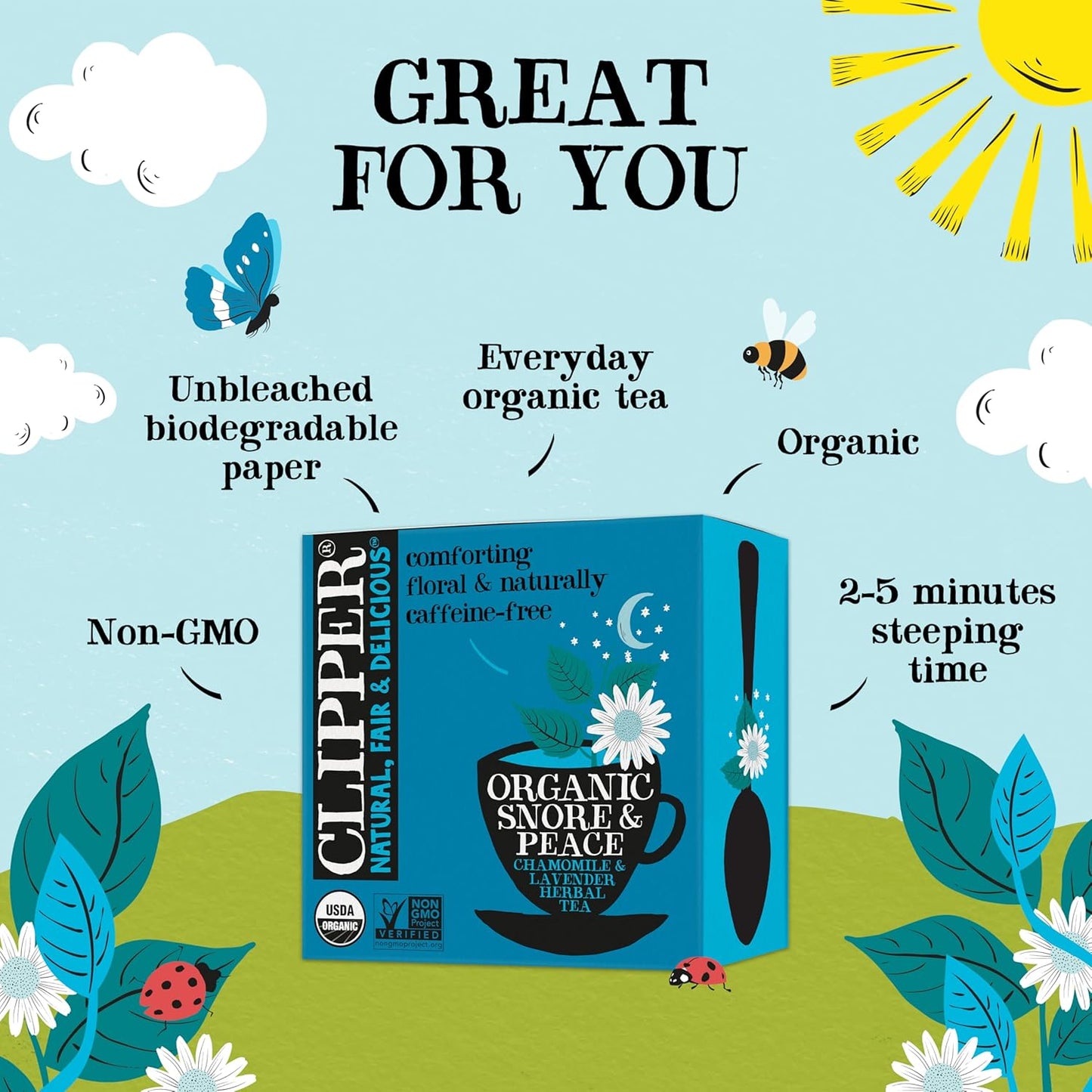 Clipper Tea Snore and Peace Chamomile & Lavender Herbal Tea – Caffeine Free, USDA Organic, Great Hot or Iced – Comfortingly Floral, Natural, Fair & Delicious – 50 Tea Bags