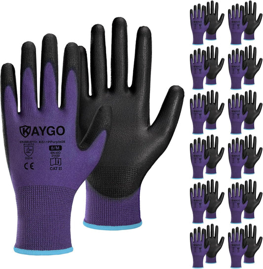 KAYGO Safety Work Gloves PU Coated,12 Pairs KG11PB Seamless Knit Glove for Men and Women, with Smooth Grip on Palm and Fingers, Ideal for General Duty Work (M, Purple)
