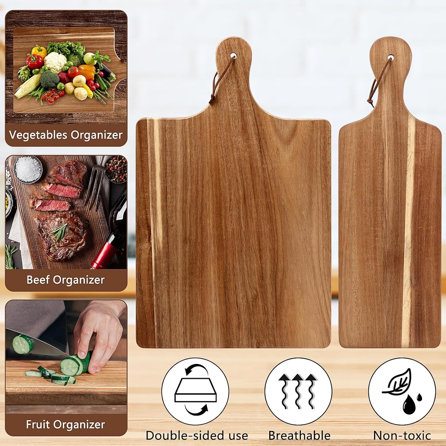 12 Pack Acacia Wood Cutting Board,Bulk Charcuterie Boards Chopping Board with Handle 15.7 x 9.8 Inch & 15.7 x 5.1 Inch, Wooden Boards for Serving Food Cheese Pizza Bread Fruit Meat