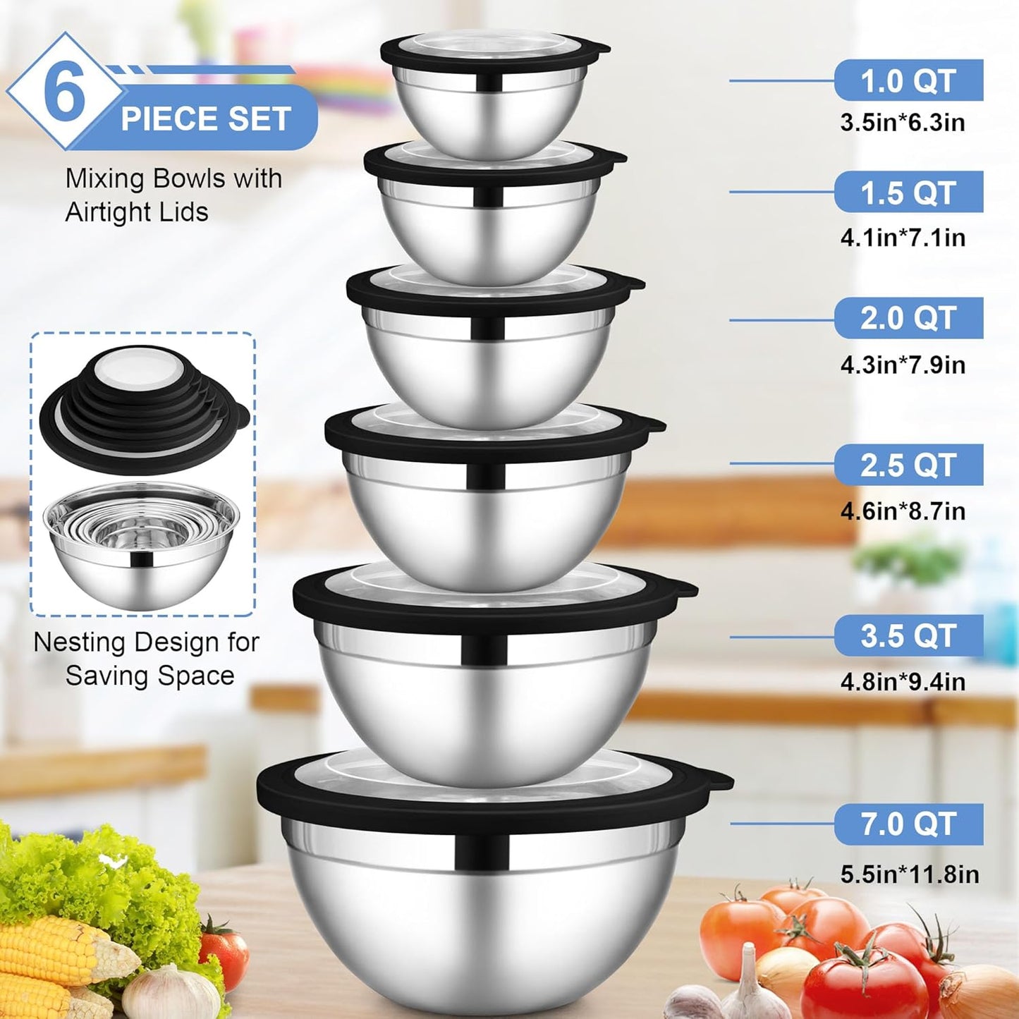 LIANYU Stainless Steel Mixing Bowls Sets of 6, Large Metal Nesting Bowl Sets for Home Kitchen, 7, 3.5, 2.5, 2, 1.5, 1QT Size with Transparent Airtight Lids, Dishwasher & Freezer Safe, Black
