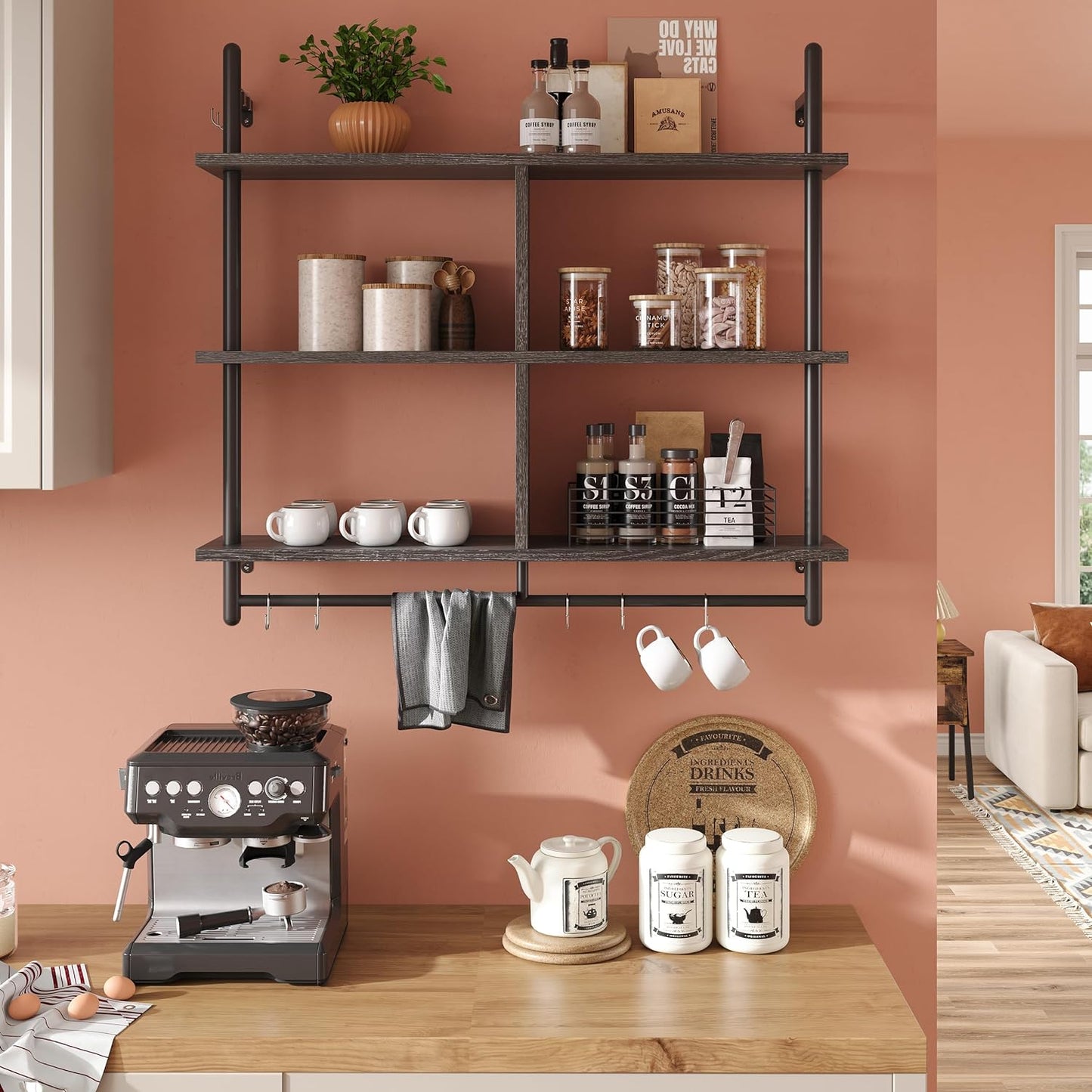 Bestier Kitchen Shelves Wall Mounted Floating Pipe Shelving 3 Tier 41.5" Coffee Bar Shelf with Holder, Wall Display Storage Rack Sundries for Kitchen Living Room, Charcoal Black