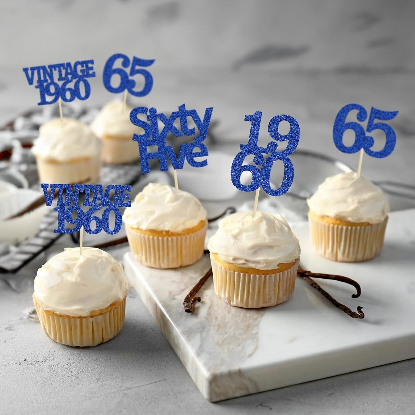 Gyufise 24Pcs Vintage 1960 Cupcake Toppers Glitter Cheers to 65 Fabulous Sixty Five Cupcake Picks 65th Birthday Wedding Anniversary Party Cake Decorations Supplies Deep Blue