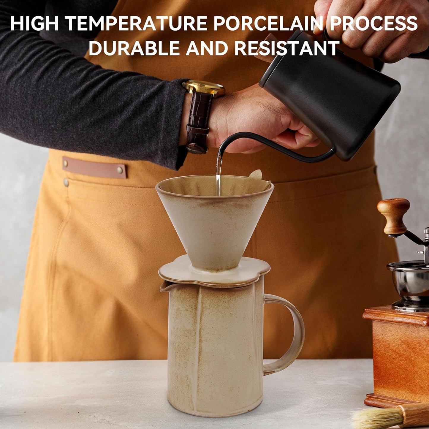 AZYM Pour Over Coffee Maker Set,V60 Coffee Dripper with 20 Count Paper Coffee Filters,Four-Leaf Clover-Shaped Drip Coffee Maker,Vintage Ceramic Carafe,for Home Brewing,Camping,17.5 oz (Yellow)