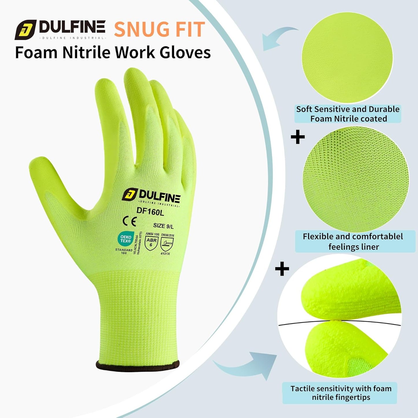 DULFINE Work Gloves for Men and Women,Hi-Vis Yellow Knit Nylon Glove with MicroFoam Nitrile Coated-12 Pairs Pack,Ideal for General Purpose,Automotive,Home Improvement,Painting(XX-Large)