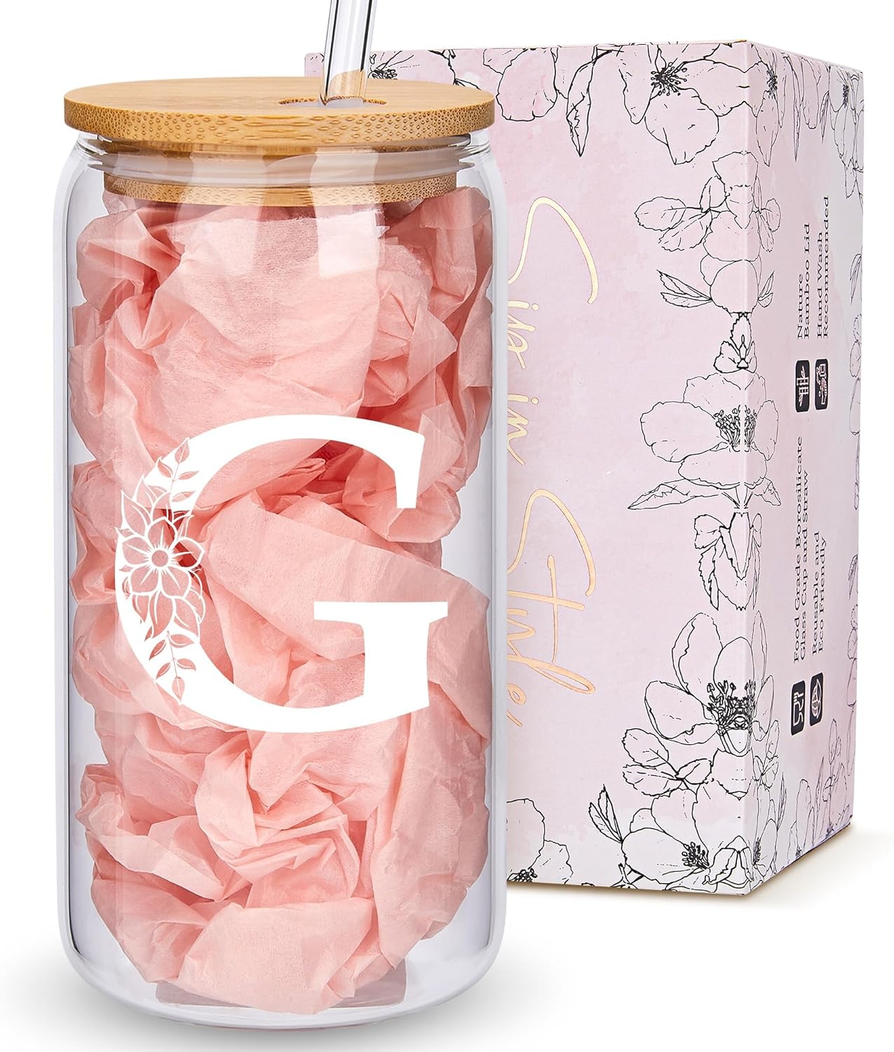 Personalized Gifts for Women, Monogrammed Glass Cups with Lids and Straws, Custom Tumbler, Cute Customized Mug, Aesthetic Stuff, Initial Iced Coffee Cup, Drinking Glasses, Birthday Teacher Gifts, G