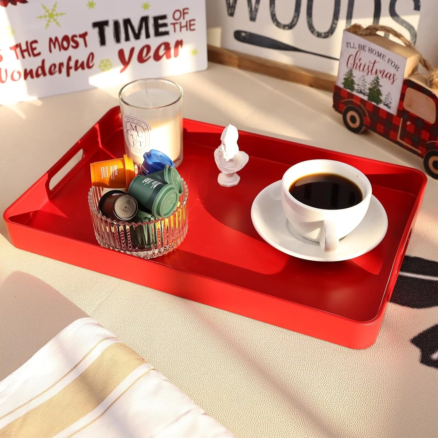 Red Decorative Serving Tray with Handles, Plastic Coffee Table Tray for Outdoor Patio, Living Room, Ottoman, Bathroom Counter, 10.2”*15.7”*1.4”