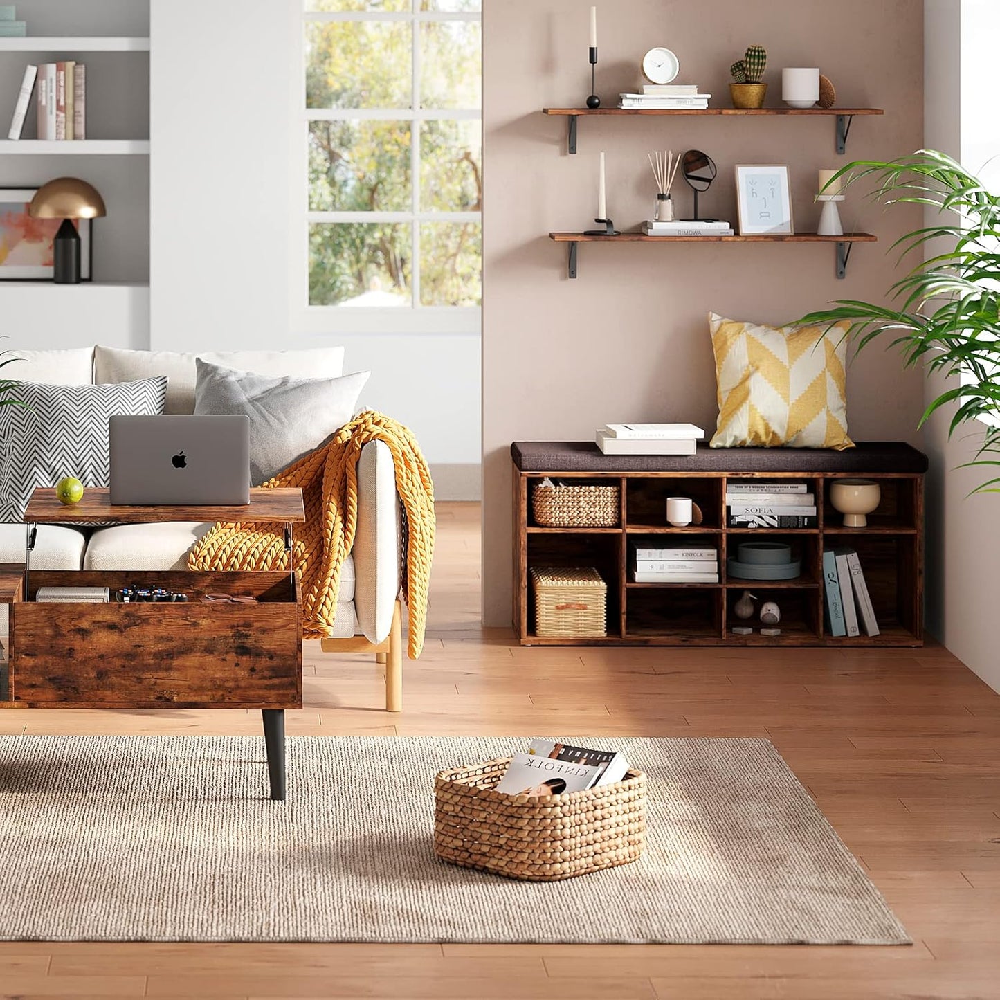 DINZI LVJ Long Wall Shelves, Set of 4, 39.4Inch Wall Mounted Shelves, Extra Large Wall Storage Ledges with Sturdy Metal Brackets for Living Room, Bathroom, Bedroom, Kitchen, Rustic Brown