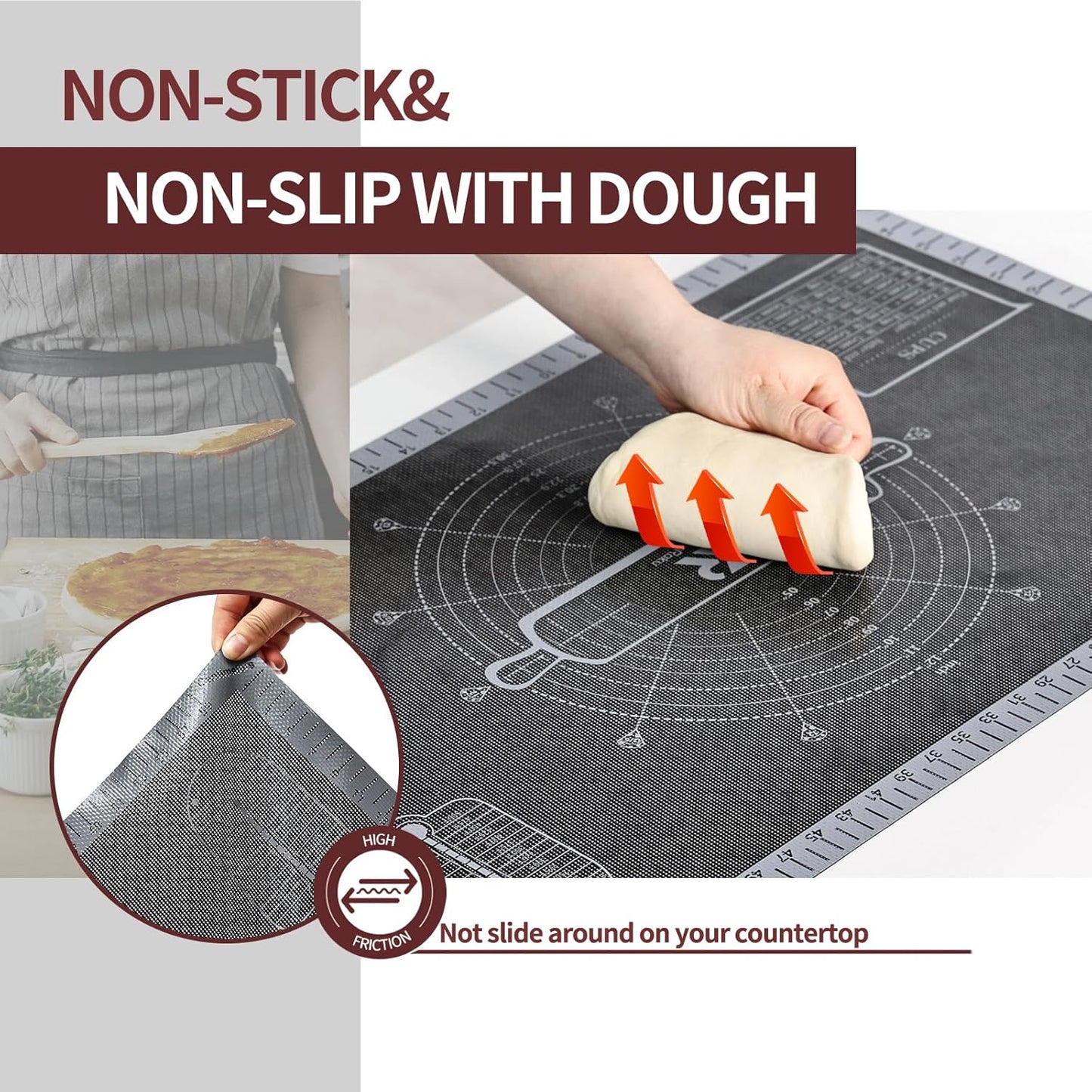 Silicone Pastry Mat Extra Large with Measurements 26''x16'' for Reusable,Non-slip Silicone Baking Mat, Counter, Dough Rolling, Oven Liner,Fondant/Pie Crust (Translucent_Grey, 16''W x 26''L)