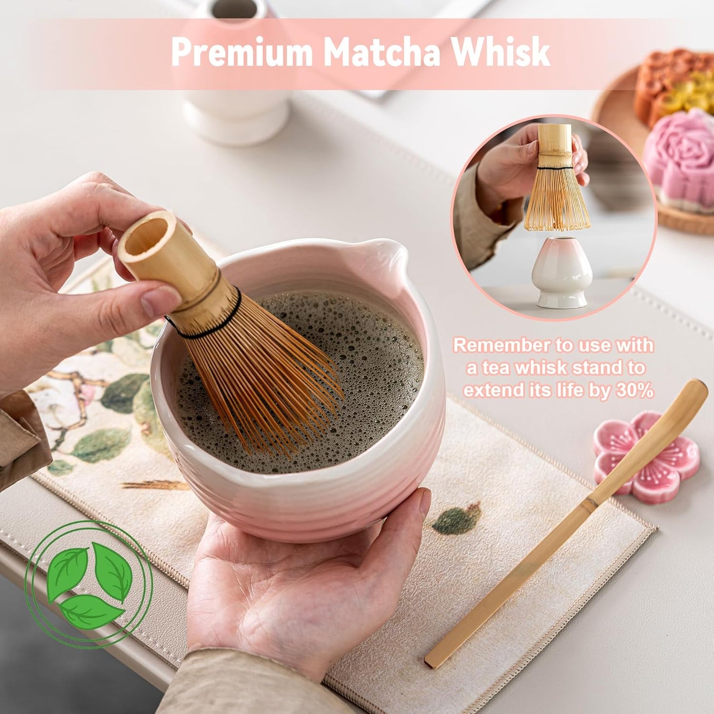 Matcha Whisk Set Ceramic Matcha Set Includes Bowl,Spout Bamboo Chasen Whisk with Ceramic Holder, Matcha Scoop and Stainless Sifter, Matcha Kit for Women,Gift for Matcha Lovers(7Pcs,Pink)