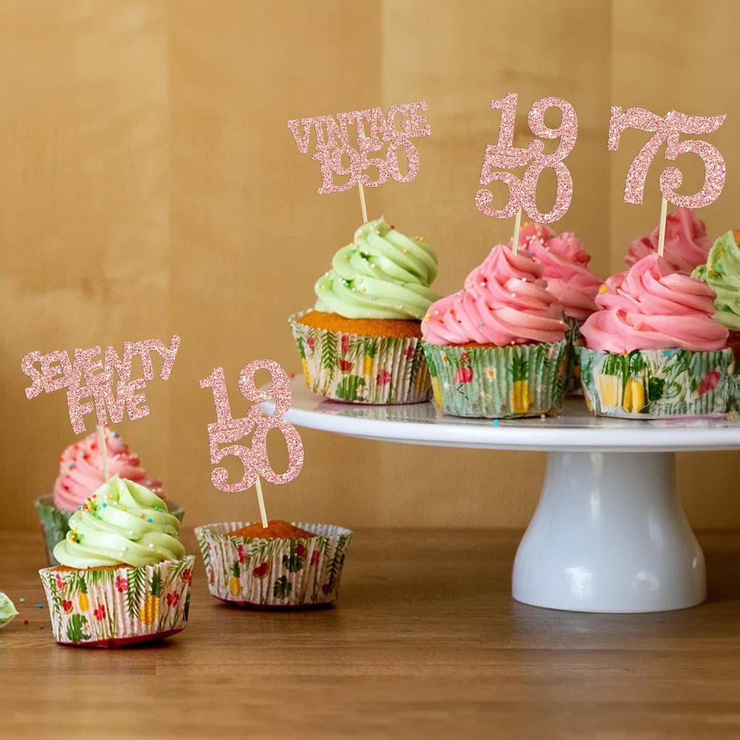 Gyufise 24Pcs 75th Birthday Cupcake Toppers Glitter Cheers to 75 Fabulous Seventy Five Vintage 1950 Cupcake Picks 75th Birthday Wedding Anniversary Party Cake Decorations Supplies Rose Gold