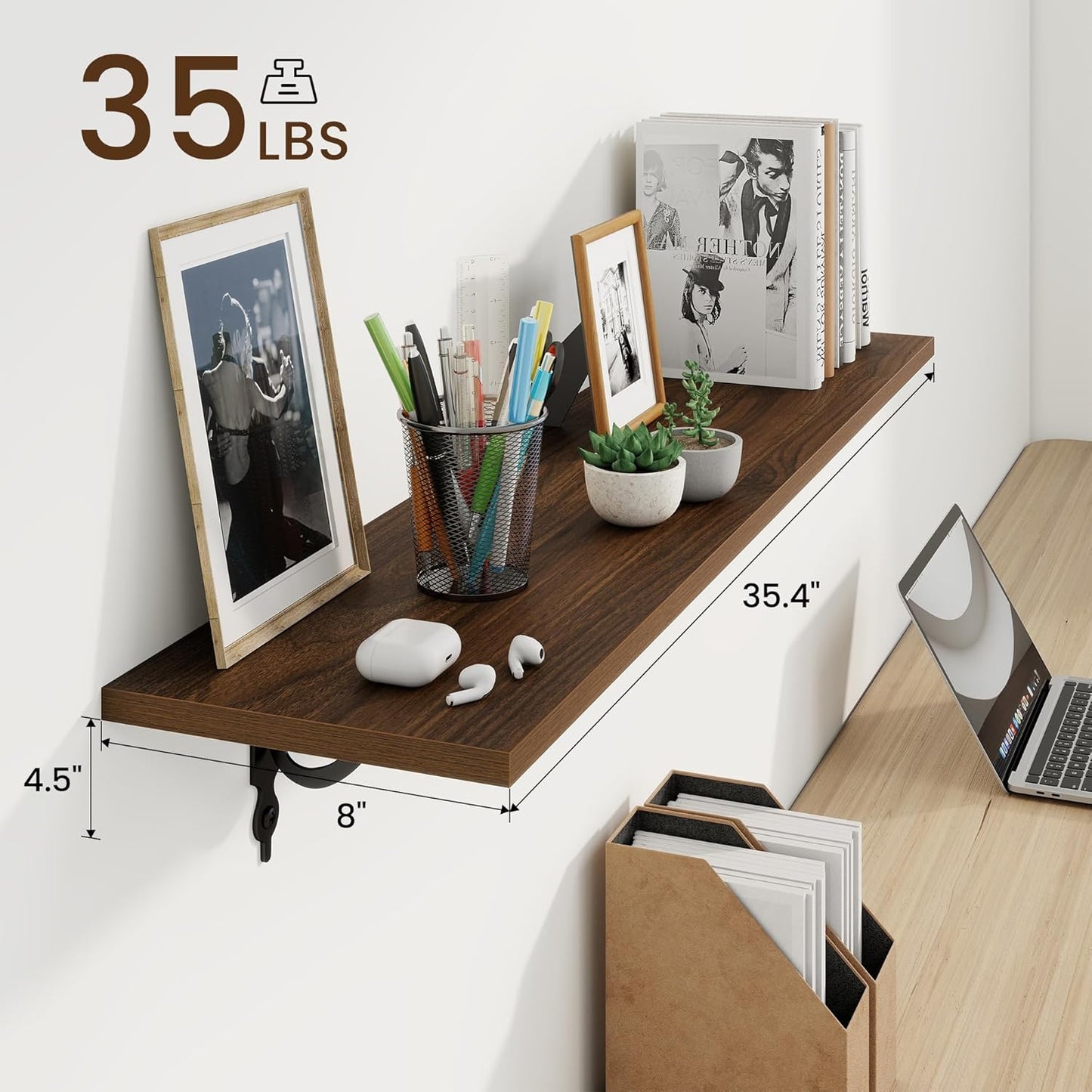 RICHFOCUS Floating Shelves for Wall Decor, 35.4W x 8D Wall Shelves Set of 2, 8 Inch Deep Rustic Wood Shelves Wall Mounted with Brackets, Long Floating Shelves for Living Room Bedroom Kitchen, Walnut