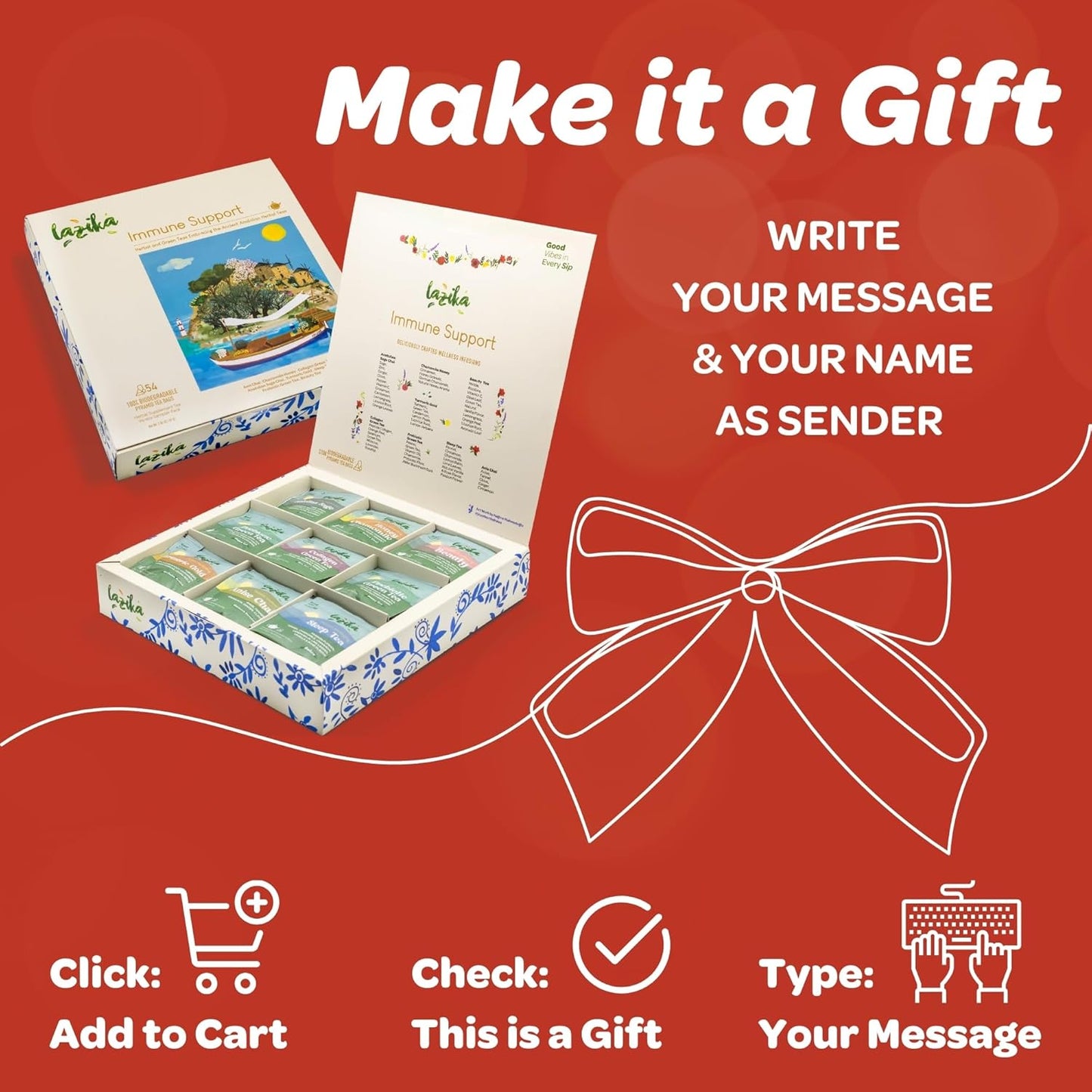 Lazika Herbal Tea Variety Pack with Lovely Presentation Box, 54 Counts, Immune Support Tea Assortment Gift Set, Premium Collection with Pyramid Infuser Bag, Handcrafted