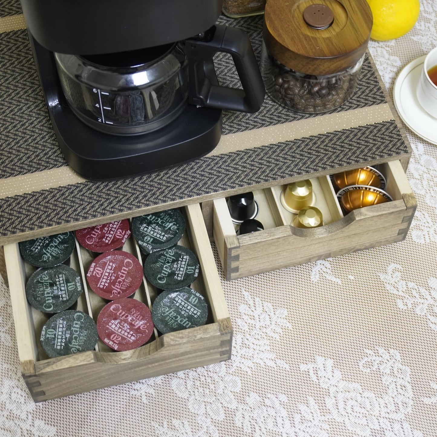 Coffee Pods Storage Drawer Holder for Capsules - Multi Functional Desk Organizer Drawers For K-Cup Coffee Maker Brew - Kitchen Mini Wooden Box Chest Sideboard Counter Organization CF1D2C Dark