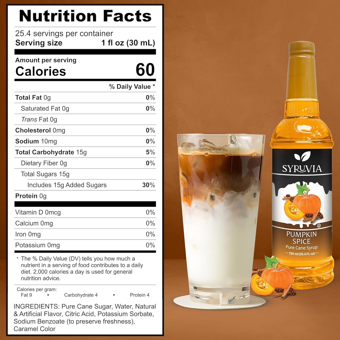 Syruvia Pumpkin Spice Syrup – 25.4 fl oz – Syrup for Coffee, Lattes, Shakes, Smoothies, Desserts – 100% Vegan, Gluten Free, Kosher (Pack of 3)