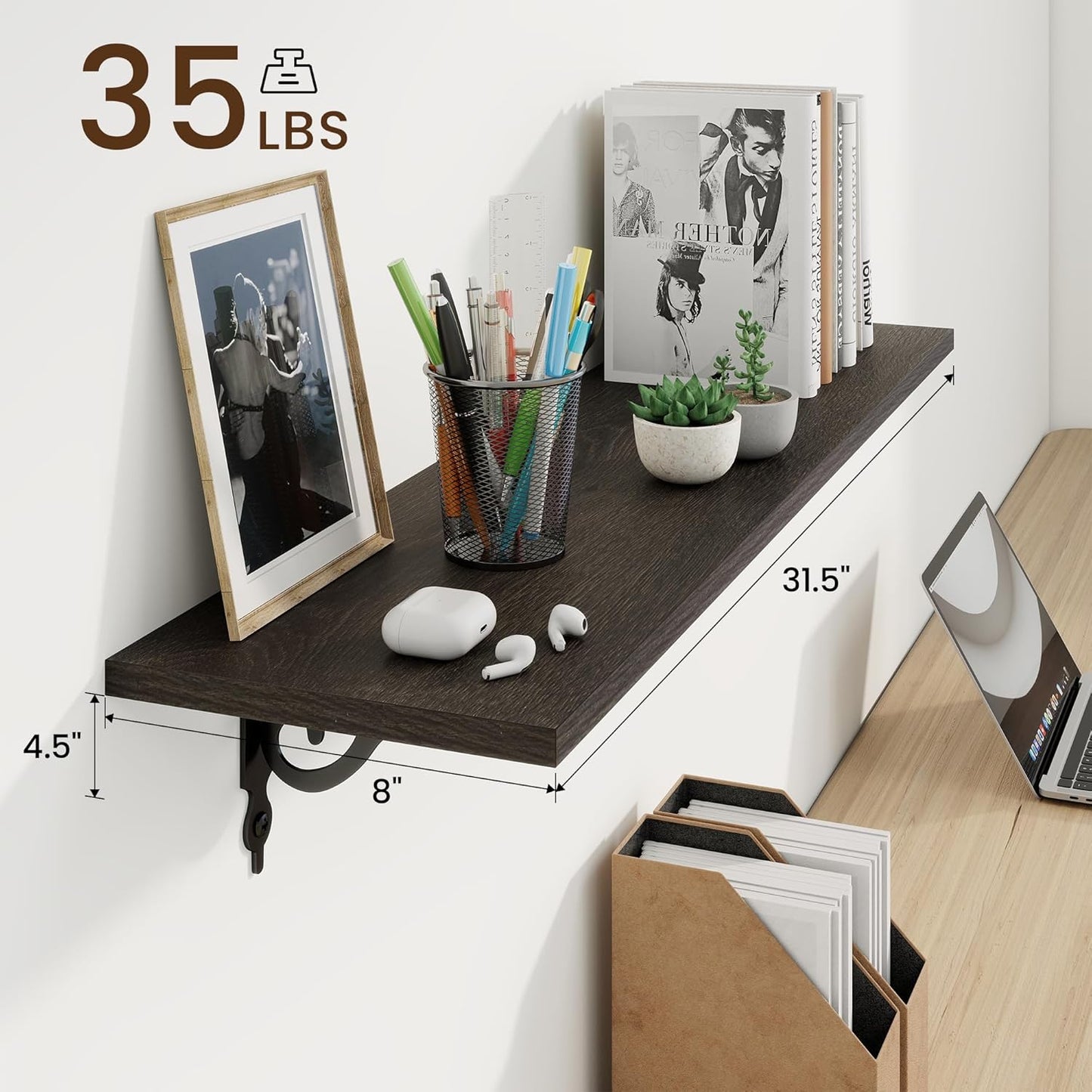 RICHFOCUS Floating Shelves for Wall Decor, 31.5W x 8D Shelves Set of 2, 8" Deep Rustic Wood Floating Shelves Wall Mounted with Metal Brackets, Shelves for Living Room Bedroom Kitchen, Black