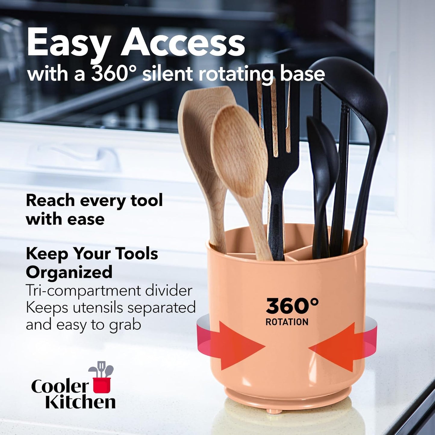 Rotating Extra Large Peach Plastic Utensil Holder Caddy with Sturdy No-Tip Weighted Base, Removable Divider, and Gripped Insert - Dishwasher Safe Kitchen Utensil Holder for Countertop