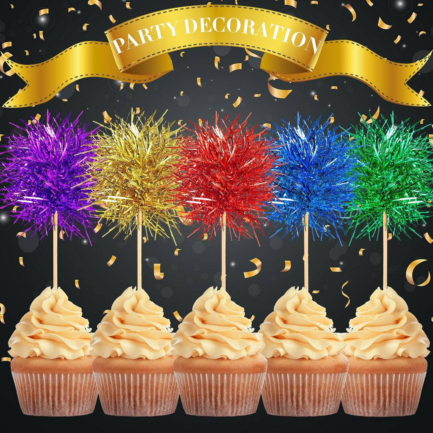 Chinco 100 Pcs Foil Firework Cupcake Toppers Sparkle Tinsel Cake Toppers Cake Decoration Cocktail Fruit Toothpick for Birthday Wedding Graduation Party(Bright Color)