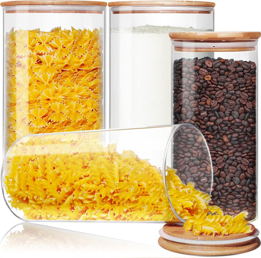 Large Glass Flour and Sugar Containers 180oz x2 & 93oz x2 [Set of 4], Glass Food Storage Containers with Bamboo Lids, Glass Jar with Airtight Lid for Spaghetti Pasta,Rice,Cereal,Coffee, Oat