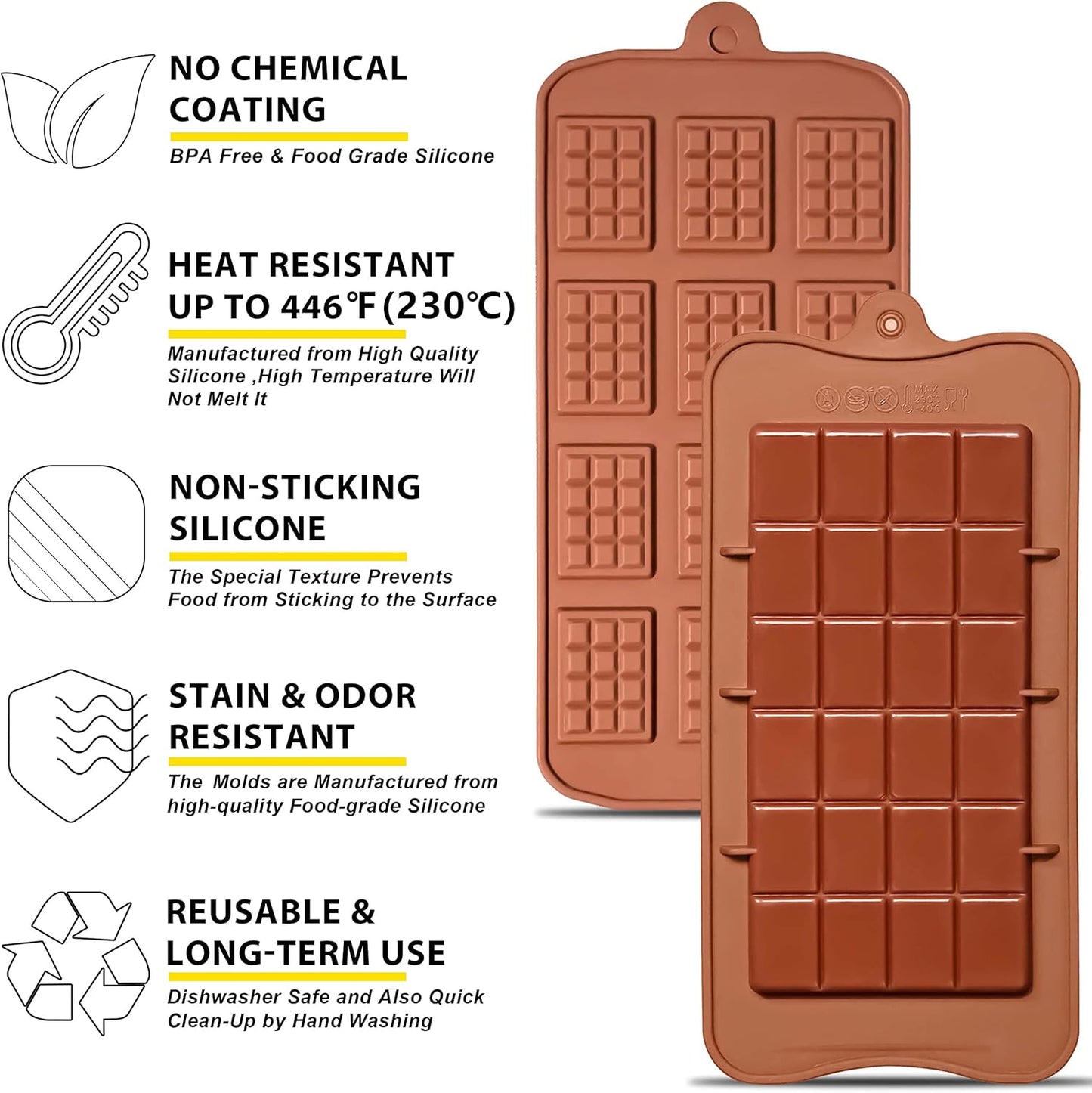 Anaeat Silicone Break Apart Chocolate Molds, Set of 4 Flexible Non-Stick Silicone Candy Protein and Energy Bar Molds for Mini Rectangle Chocolates and Candies - Just Pop Out