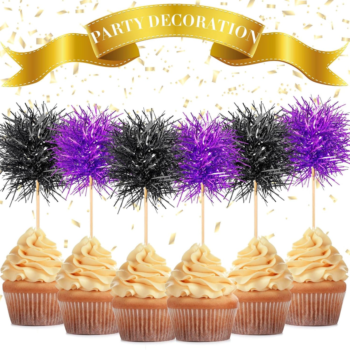 Chinco 100 Pcs Foil Firework Cupcake Toppers Sparkle Tinsel Cake Toppers Cake Decoration Cocktail Fruit Toothpick for Birthday Wedding Graduation Party(Purple, Black)