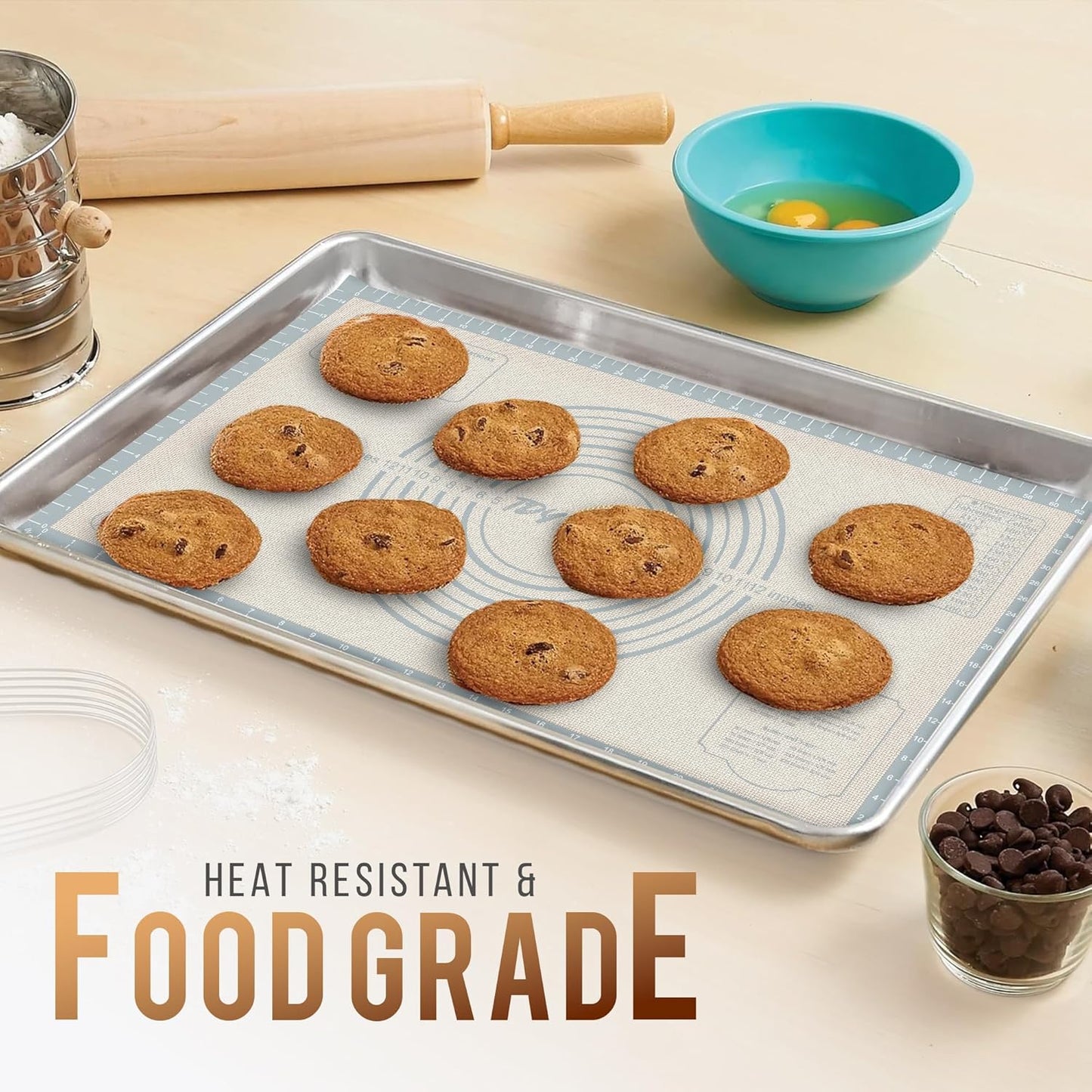 28 * 20 inches White grey, Non-Slip Silicone Baking Sheets - Baking Mat with 0.7mm Thickness - Non-Stick Pastry & Cookie Mat for Kitchen Counter for Rolling Out Dough with Measurements.