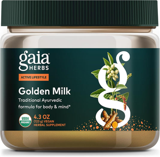Gaia Herbs Golden Milk Supplement Powder - Made with Organic Turmeric Curcumin, Black Pepper, Ashwagandha, Dates, Cardamom, and Vanilla for an Ayurvedic Cup of Natural Calm - 4.3 Oz (35-Day Supply)