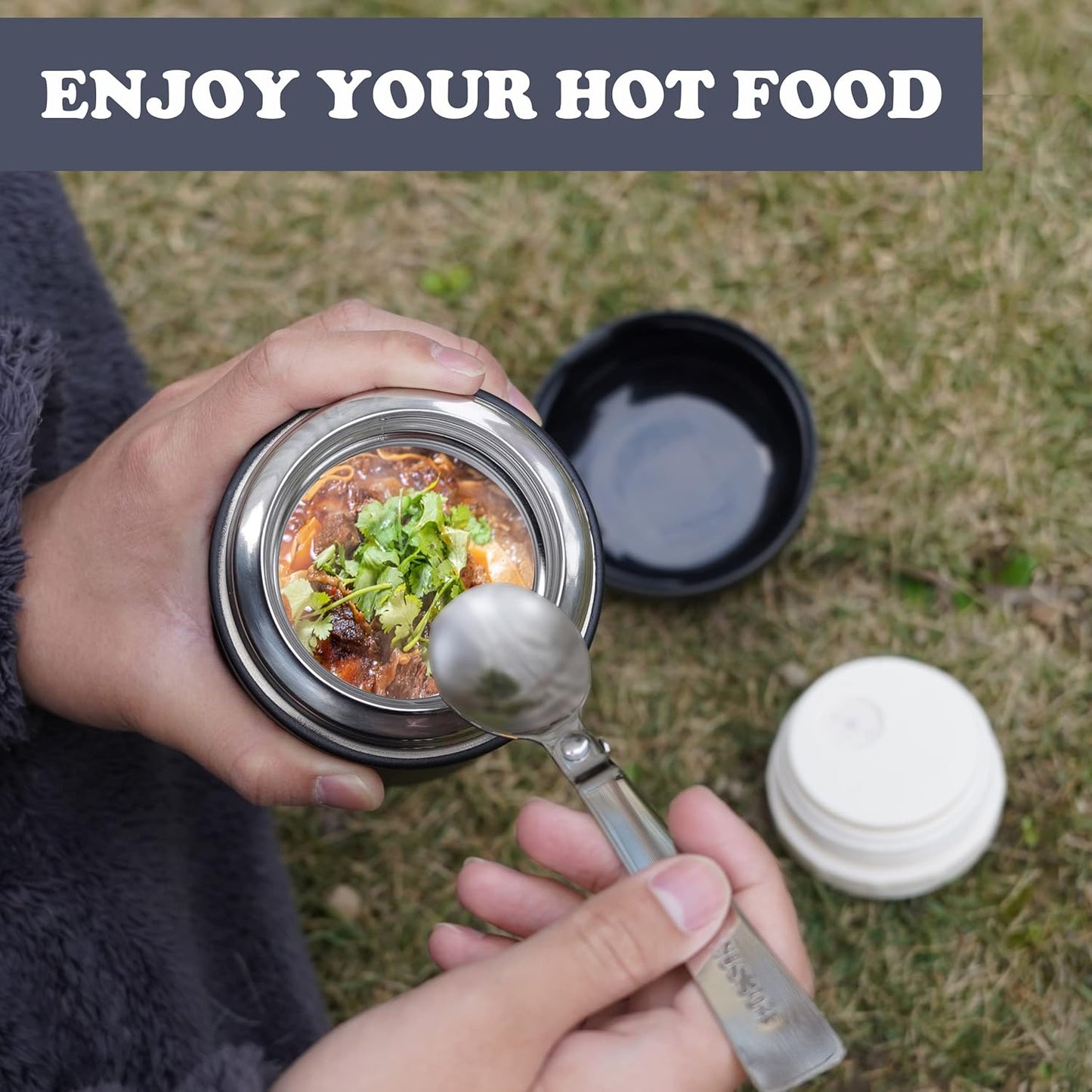 Soup Thermo for Hot Food & Drinks, Thermo Lunch Box for Kids, 17oz Vacuum Insulated Food Container with Spoon&&Drawstring Bag, Soup Therm for Adults,Black&White