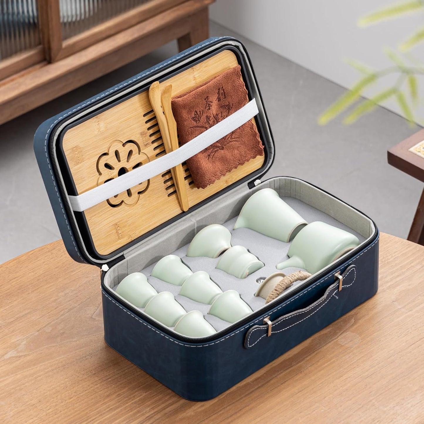 Travel tea set,Portable ceramic tea set,Chinese tea set,Tea sets for adults,Tea pot sets,Portable Travel Bag,Home,Gifting,Outdoor and Office,茶具 (Light green)