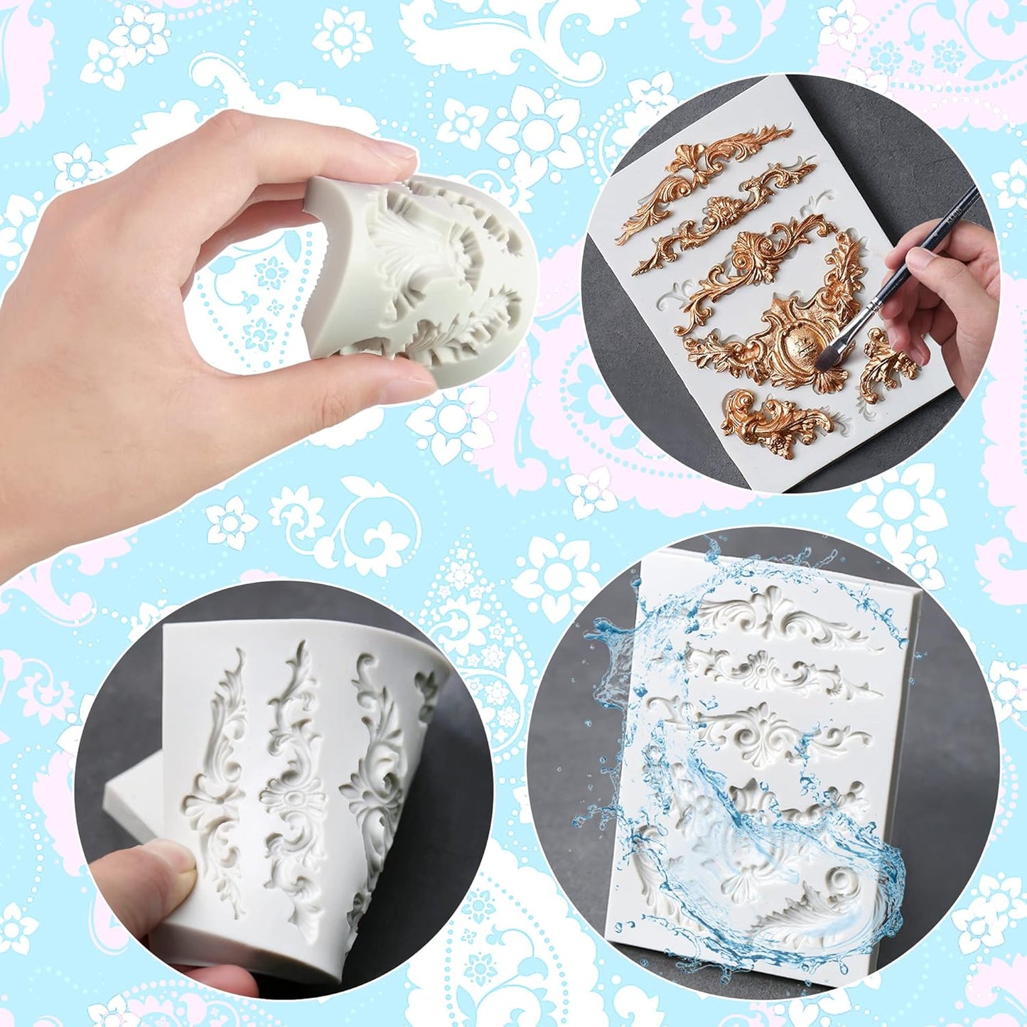 3 Packs Baroque Silicone Molds Scroll Silicone Baroque Mold Clay Molds Fondant Molds Border Fondant Mold Wedding Birthday Cake Decoration