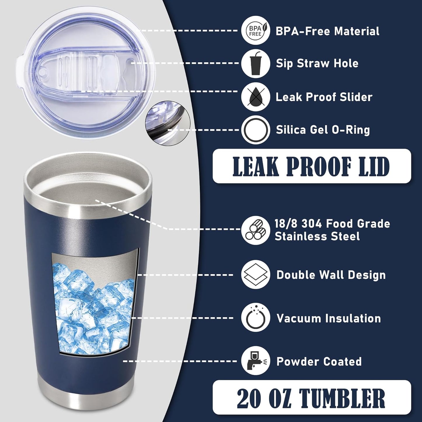 20 oz Tumbler Coffee Tavel Tumblers Bulk with Lid Stainless Steel Double Wall Vacuum Insulated Mug Powder Coated Cups fit Car Cupholder for Hot and Cold - Navy, 1Pack