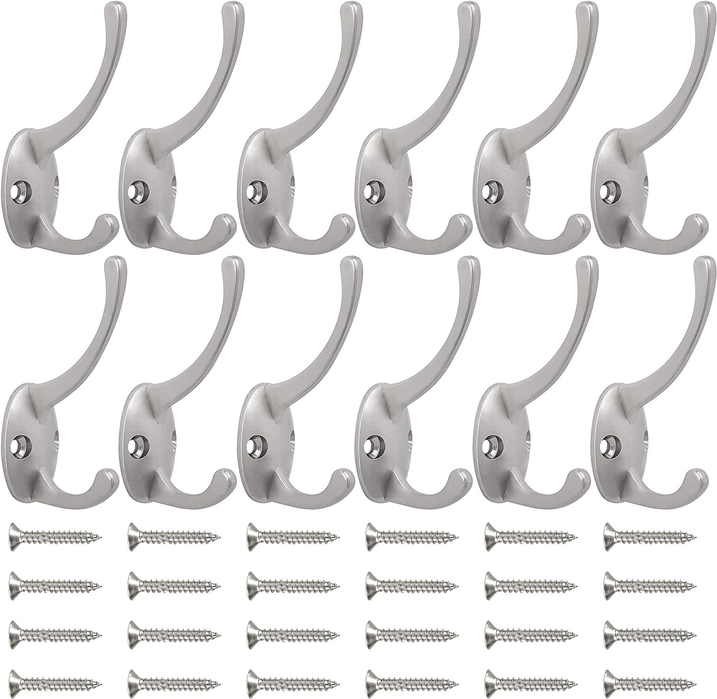 IBosins 12 Pack Silver Coat Hooks Wall Mounted with 24 Screws Retro Double Hooks Utility Silver Hooks for Coat, Scarf, Bag, Towel, Key, Cap, Cup, Hat