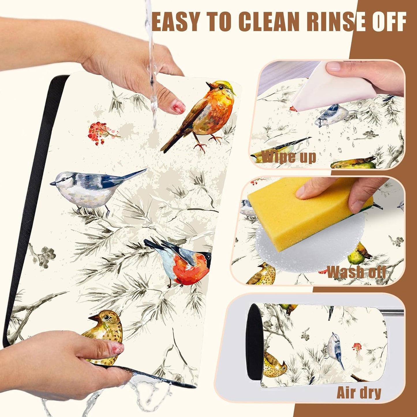 Cute Birds Coffee Mat Absorbent Dish Drying Mat for Kitchen Counter Hide Stain Rubber Backed Coffee Bar Accessories Fit Under Espresso Machine Dish Drainer, 15.7 x 23.6 Inch