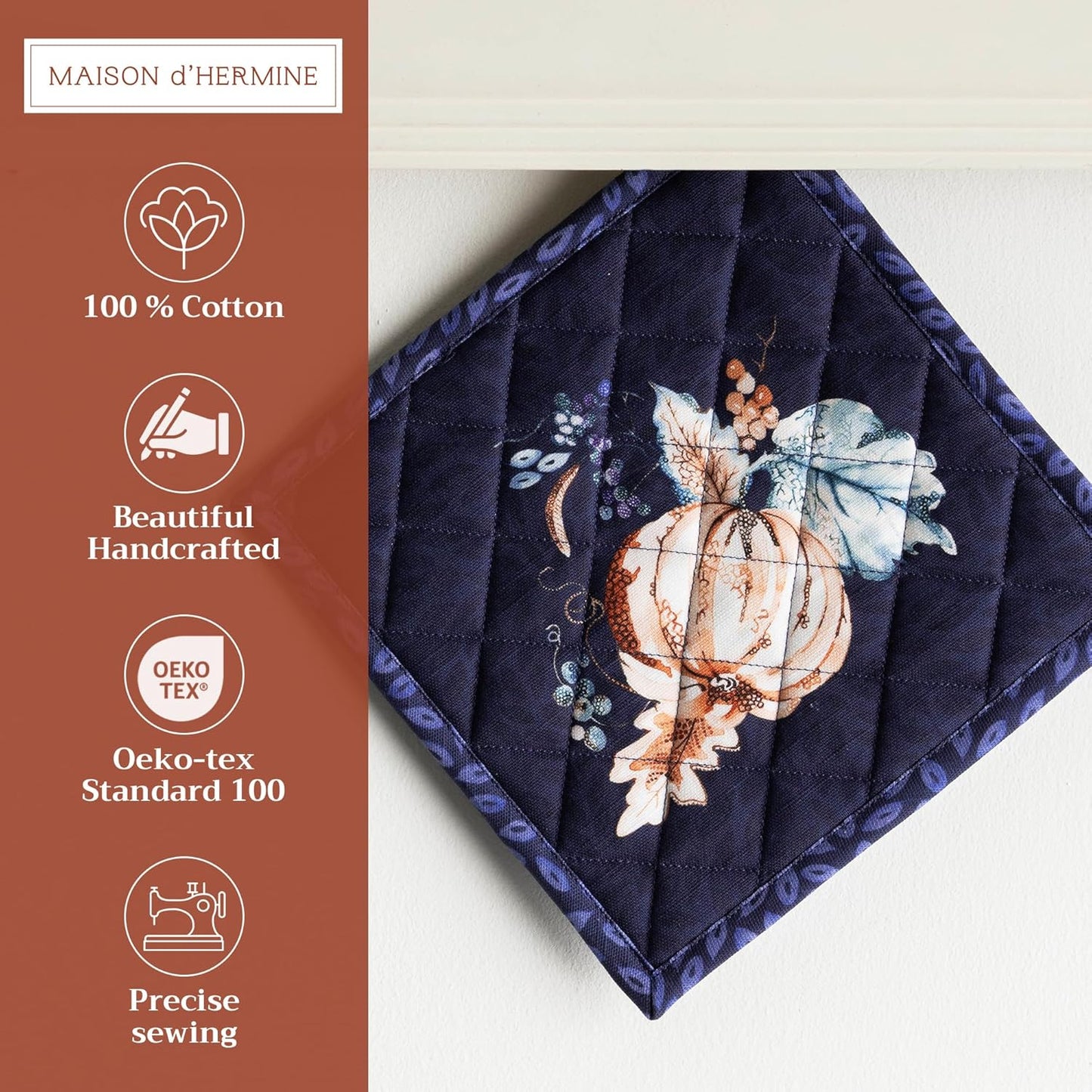 Maison d' Hermine Pot Holders Set 100% Cotton Heat Resistant Potholders 8" x 8" Hot Pads with Loop BBQ, Cooking, Baking, Grilling, Kitchen, Handling Hot Pans (Pack of 2, Pumpkin Blues)