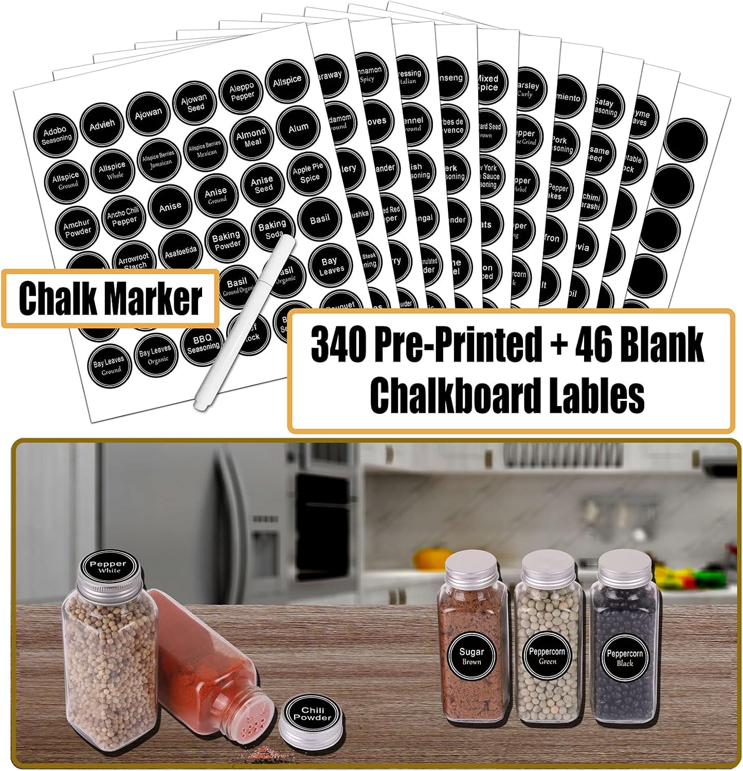 SWOMMOLY 25 Glass Spice Jars 8 oz Empty Spice Bottles with 713 Spice Labels, Chalk Marker and Funnel Complete Set. 25 Square Seasoning Containers with Airtight Cap, Pour/sift Shaker Lid