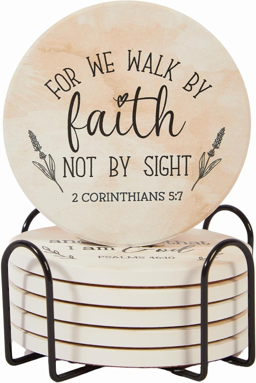 Absorbent Coaster Set of 6 with Holder, Drink Coasters for Coffee Table, Kitchen, Home Decor, Cute Ceramic Round Coasters, Alternative to Silicone, Cork or Glass Coaster (Blessed)