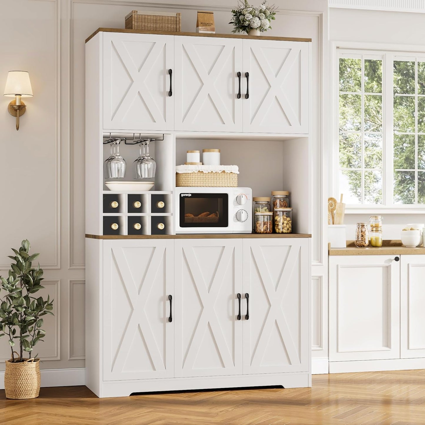 HOSTACK Kitchen Pantry Storage Cabinet, 71" Tall Food Pantry Cabinet with Microwave Stand, Farmhouse Kitchen Hutch, Coffee Bar Hutch with Wine Rack for Dining Room, Living Room, White