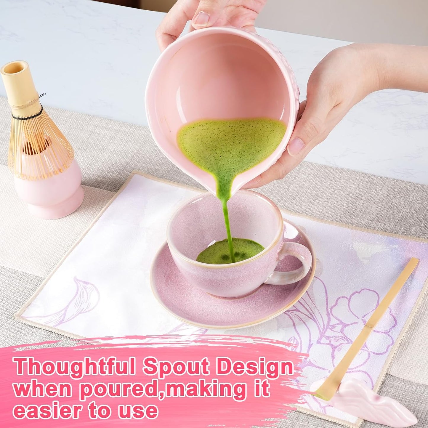 Matcha Whisk Set, Matcha Set 7 Pieces - Ceramic Matcha Bowl with Spout, Bamboo Chasen Whisk & Holder, Scoop, Sifter, Tea Towel - Complete Kit for Matcha Tea Ceremony, Latte, Ideal Gift（Pink）