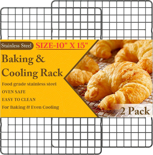 2PCS Cooling Racks for Cooking and Baking - 10" x 15"Heavy Duty Stainless Steel Wire Rack for Baking, Grilling, Roasting - Oven & Dishwasher Safe - Fits Jelly Roll Sheet Pan（Black）