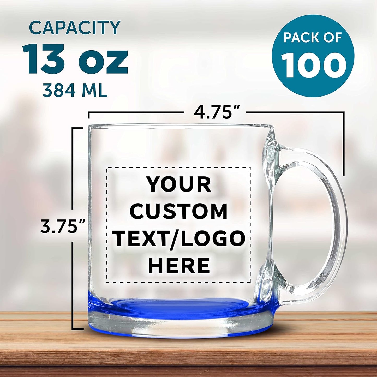 Custom Clear Glass Coffee Mugs 13 oz. Set of 100, Personalized Bulk Pack - Perfect for Coffee, Tea, Espresso, Hot Cocoa, Other Beverages - Blue Bottom