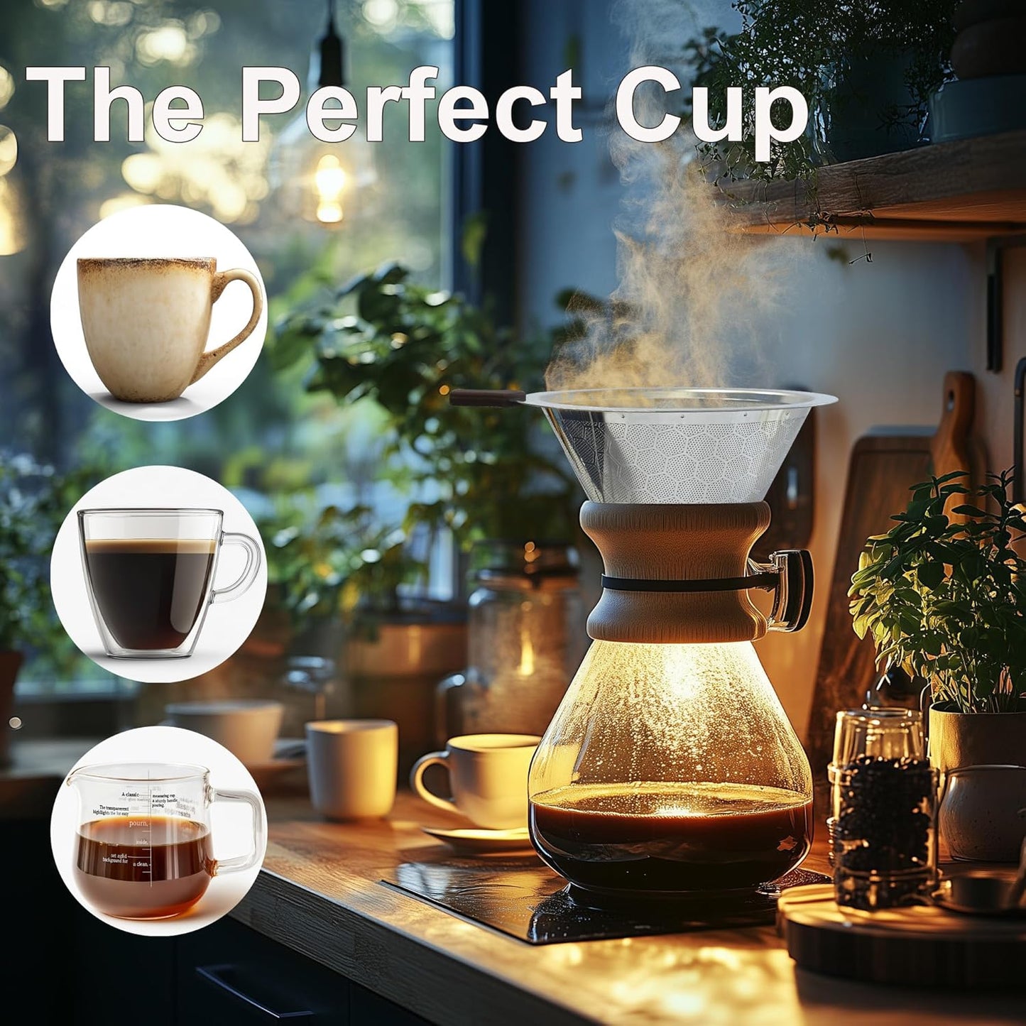 Pour Over Coffee Dripper, Pour-over Filters with 800 Mesh Steel Mesh Optimize Extraction For Rich Coffee Flavor, Stainless Steel Filter, Paperless Pour-over