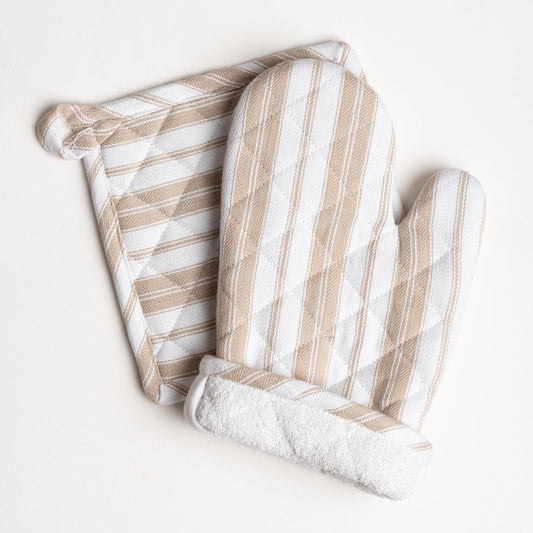 Oven Mitt & Potholder Set - Durable Heat Resistant Gloves - Thick Mittens for Kitchen - Suitable for Cooking, Baking, Grilling – BBQ - 1 Oven Mitts & 1 Potholders – Taupe Stripes - Casa De Lan