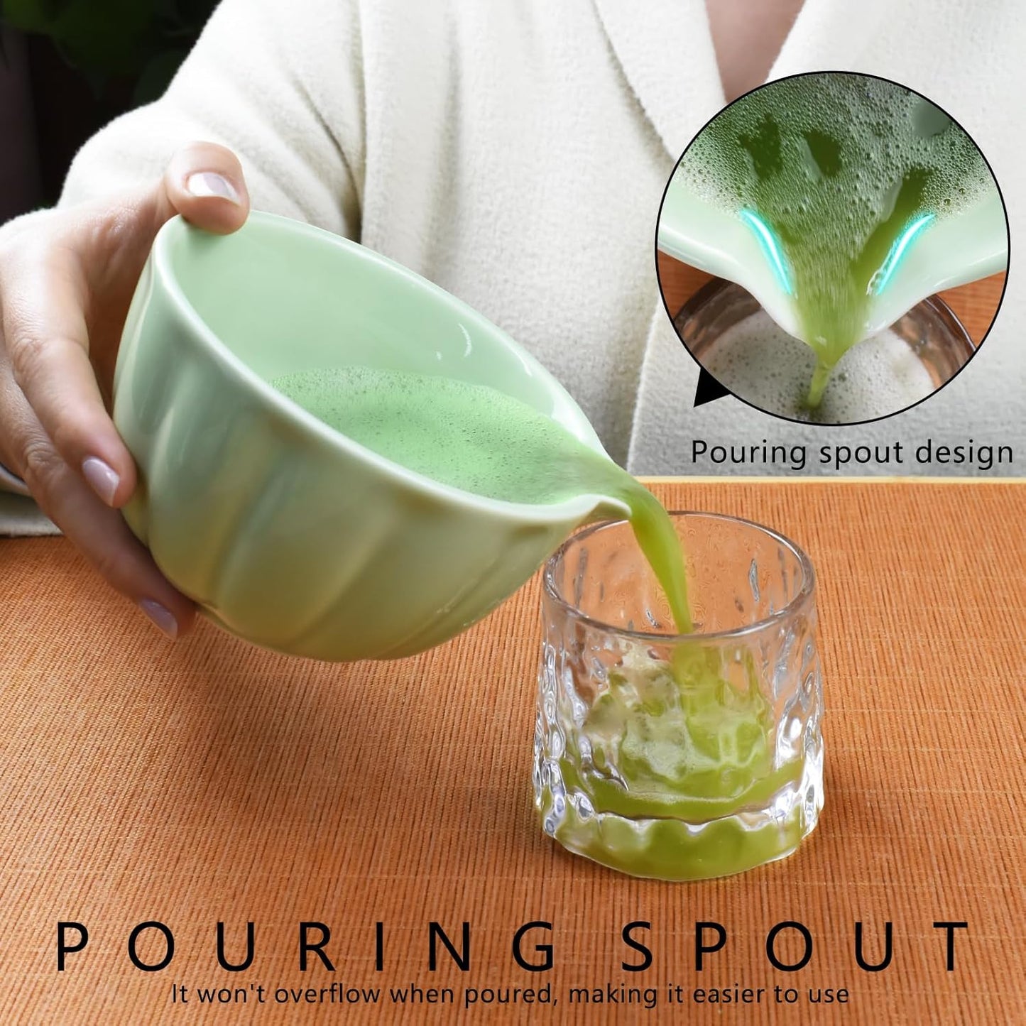 Artcome 4 Pcs Japanese Matcha Tea Set - Matcha Bowl with Pouring Spout, Matcha Whisk, Tea Scoop, Whisk Holder, Handmade Matcha Ceremony Kit For Japanese Tea Ceremony, Green